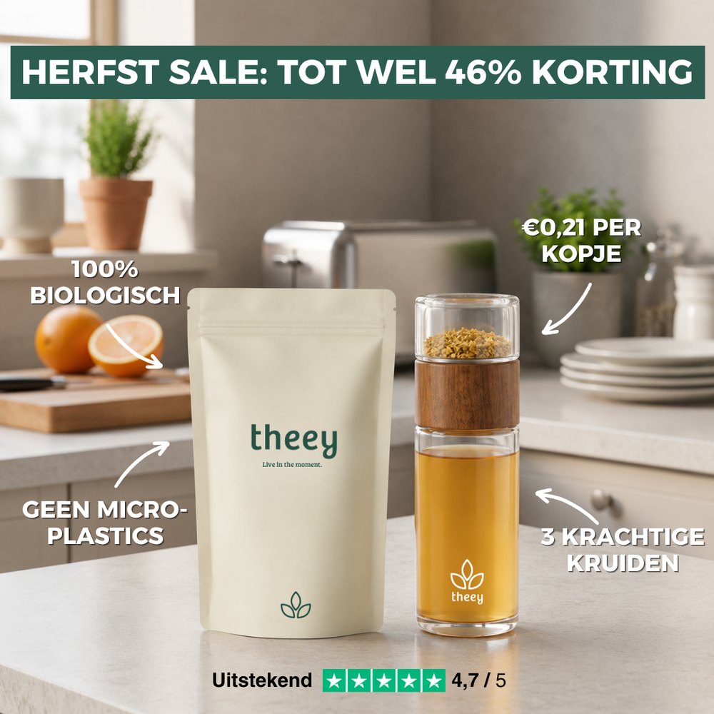 Theey Ginger-zak en Thee Fles met losse kruiden, herfst sale -40% korting