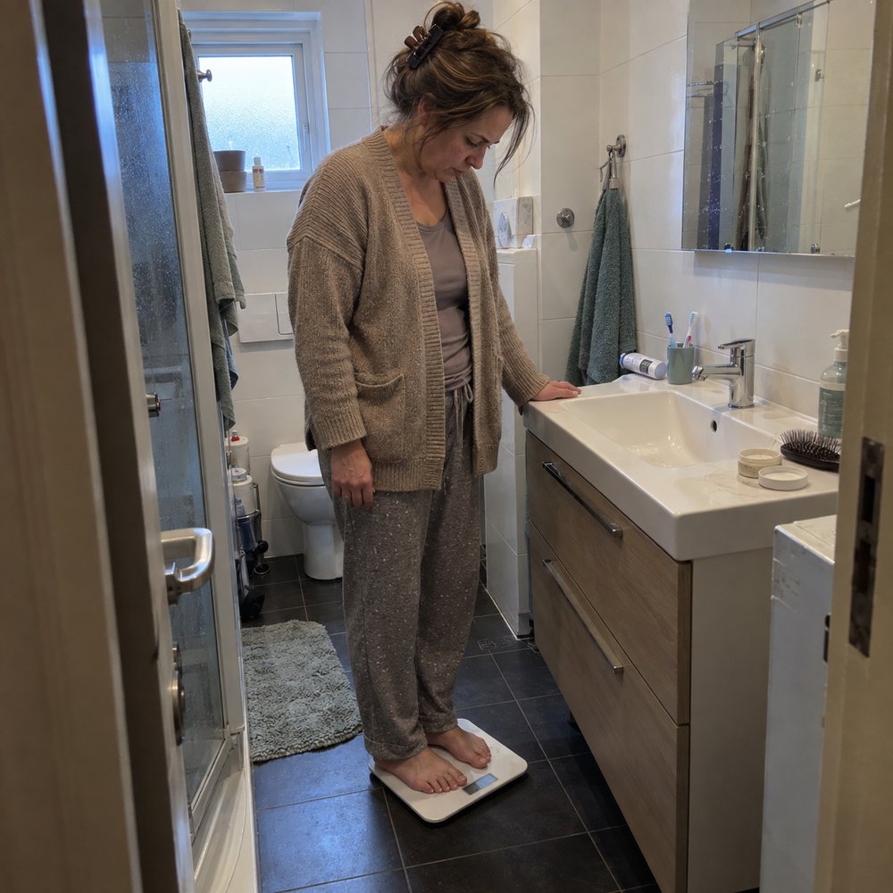 Vrouw in pyjama staat op een weegschaal in de badkamer en kijkt verward naar beneden