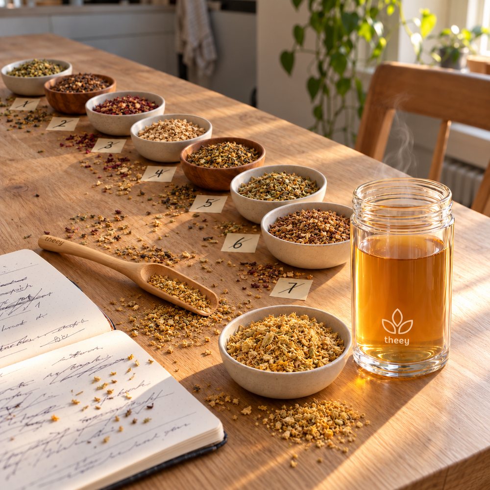 Proefmengsels in bakjes naast een glas Theey Ginger