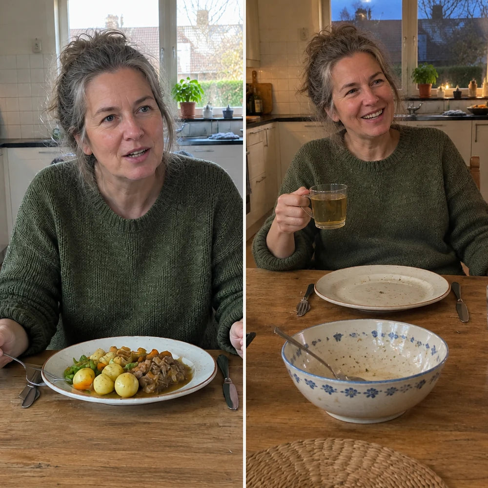 Dezelfde vrouw aan tafel en een uur later, ontspannen met een glas kruidenthee