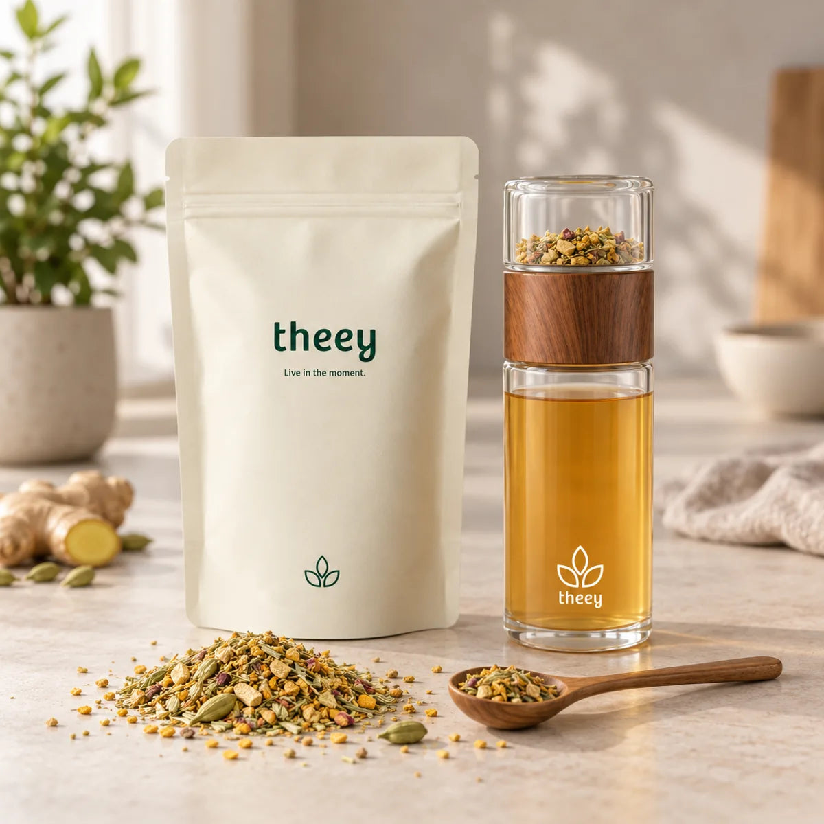 Zak Theey losse kruidenthee naast een glazen theefles met filter en een houten theelepel