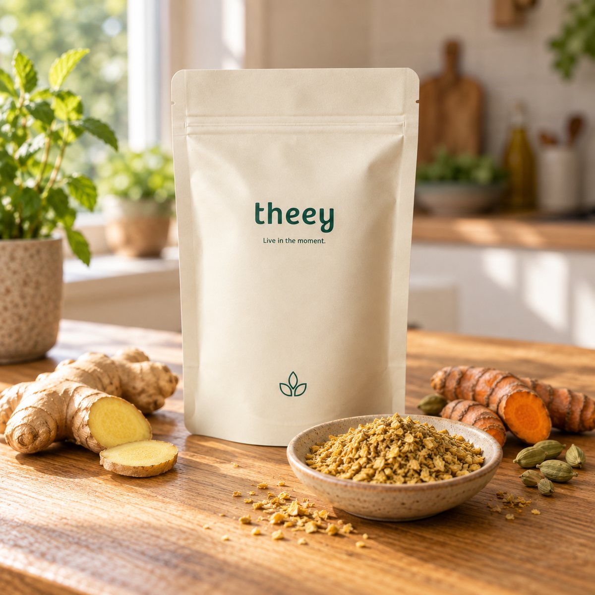 Theey Ginger met verse gember, kurkuma en kardemom op een houten aanrecht