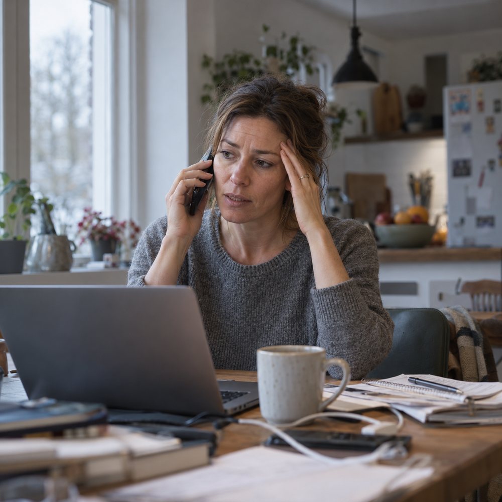 Vrouw aan de telefoon aan de keukentafel, licht gespannen en moe