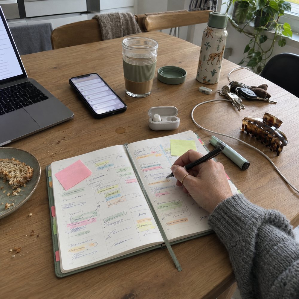 Volle weekplanner op de keukentafel naast een telefoon vol meldingen en koude koffie