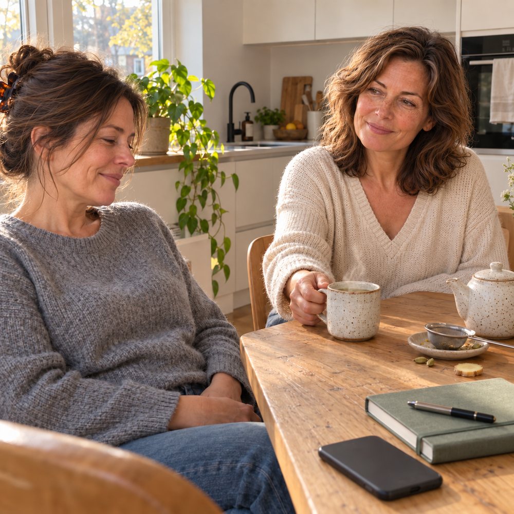 Nadia zet een kop thee neer bij een vrouw die ontspannen achterover leunt aan de keukentafel
