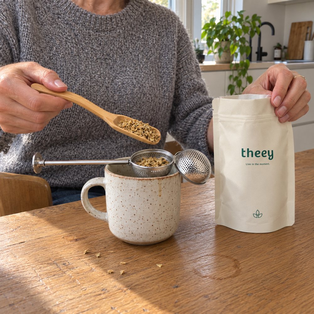 Losse Ginger-thee met de Theey-maatlepel in de theezeef op een mok, naast de theey-zak