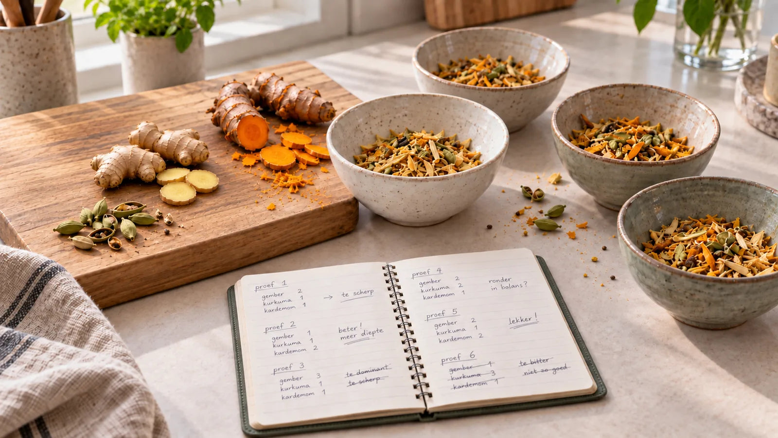 Werktafel met gember, kurkuma en kardemom, schaaltjes met proefmengsels en een notitieboekje met verhoudingen