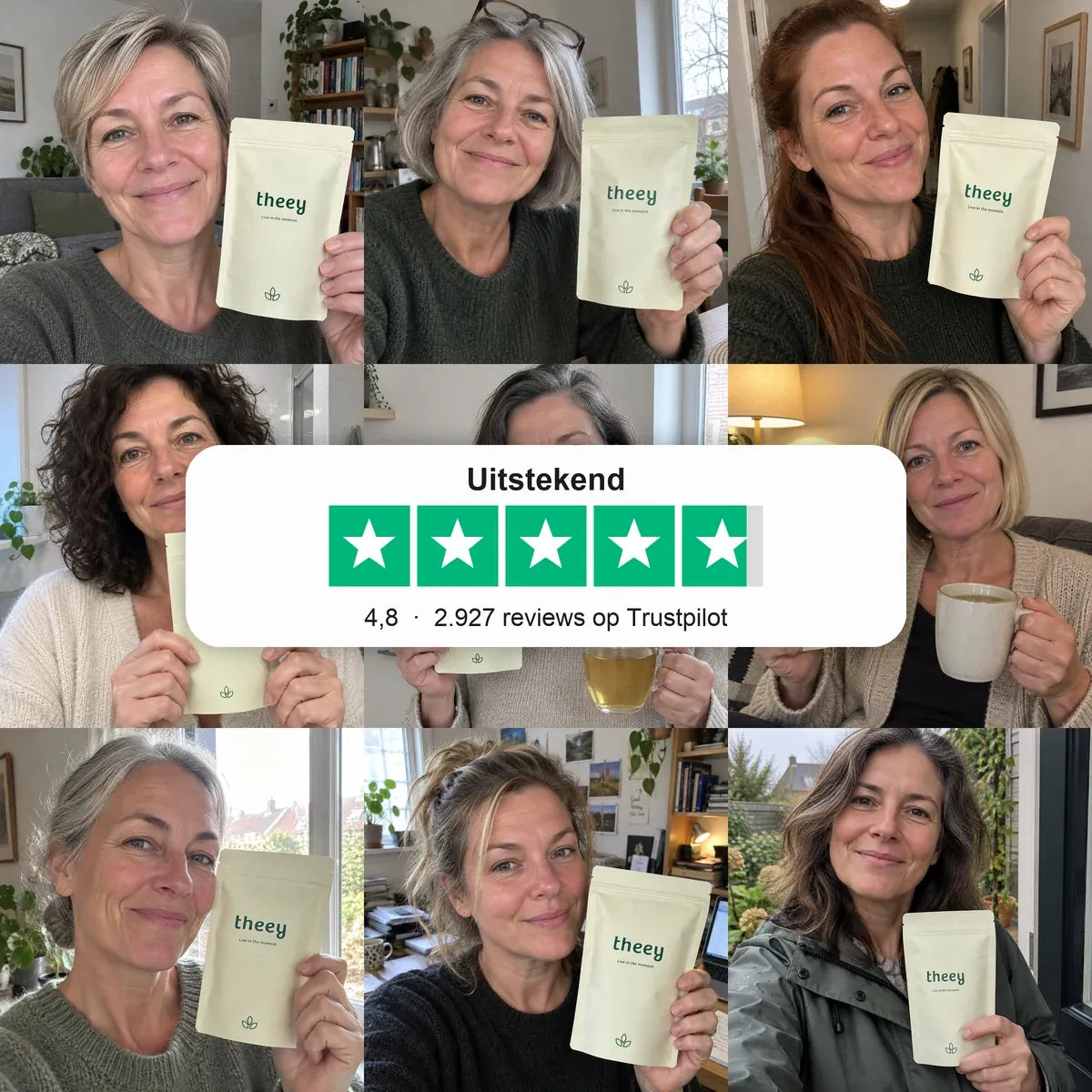 Negen vrouwen met hun zak Theey Balance, met de Trustpilot-beoordeling 4,8 uit 2.927 reviews